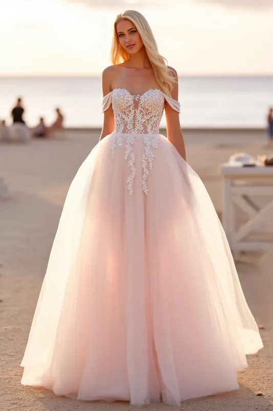 Off The Shoulder Blush Tulle A Line Wedding Dress with Appliques sold by Zapaka
