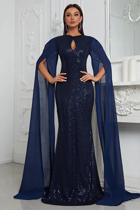 Sparkly Navy Mermaid Beaded Long Mother of the Bride Dress with Cape sold by Zapaka