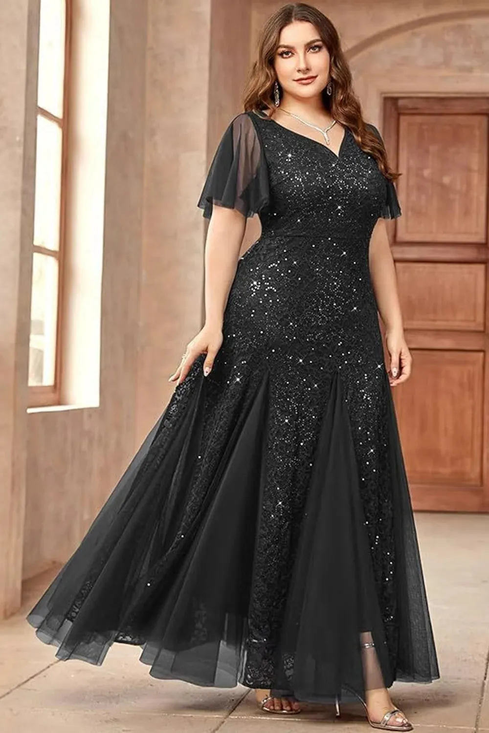 Sparkly Black Plus Size Long Mother of the Bride Dress with Appliques sold by Zapaka product image thumbnail 3