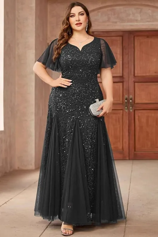 Sparkly Black Plus Size Long Mother of the Bride Dress with Appliques sold by Zapaka