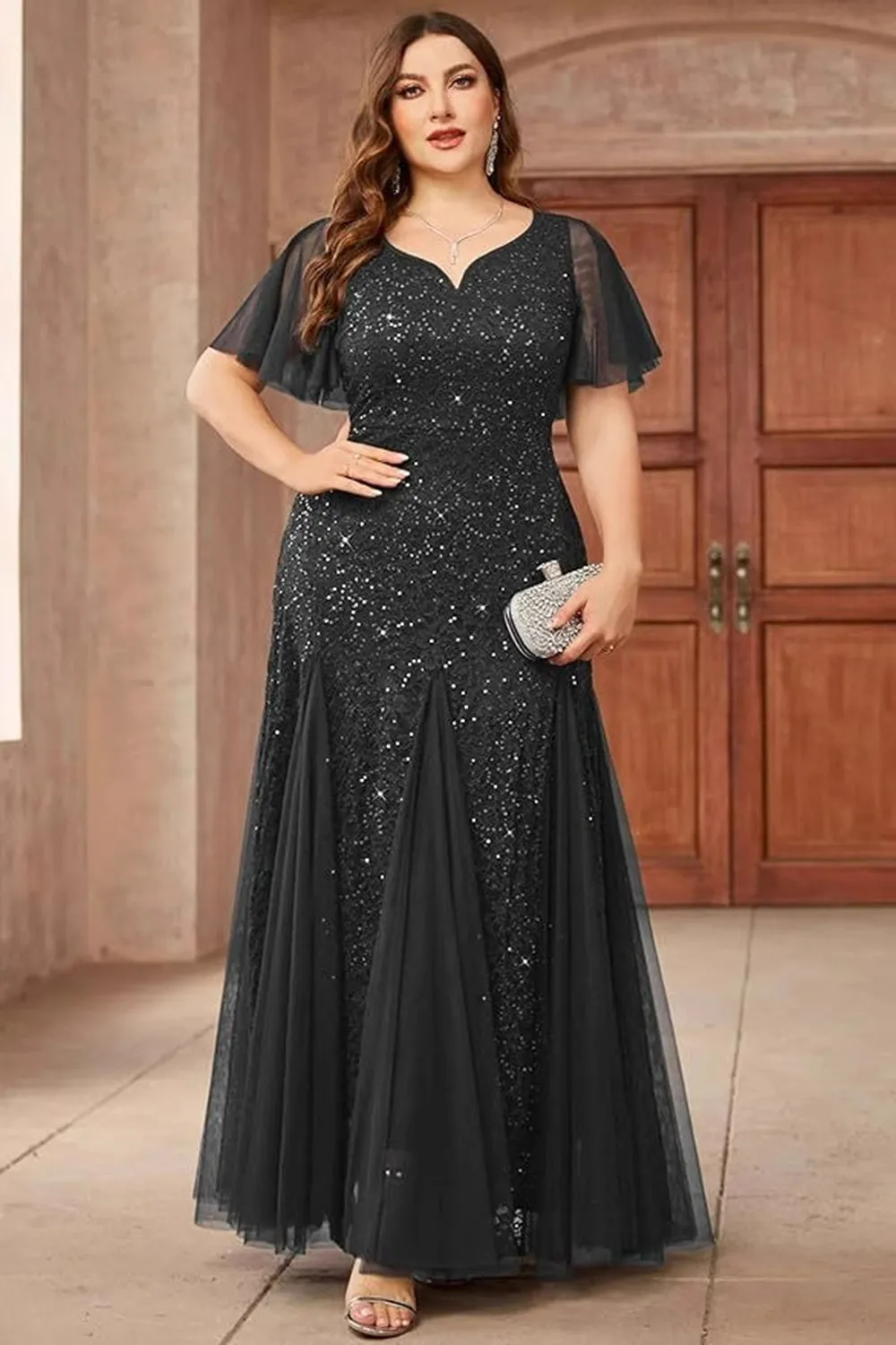 Sparkly Black Plus Size Long Mother of the Bride Dress with Appliques sold by Zapaka