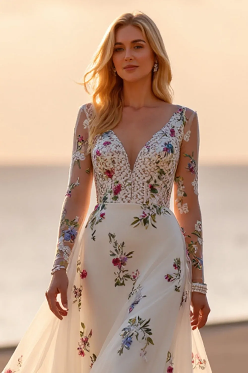 White A Line Floral Appliqued Wedding Dress with Long Sleeves sold by Zapaka product image thumbnail 2
