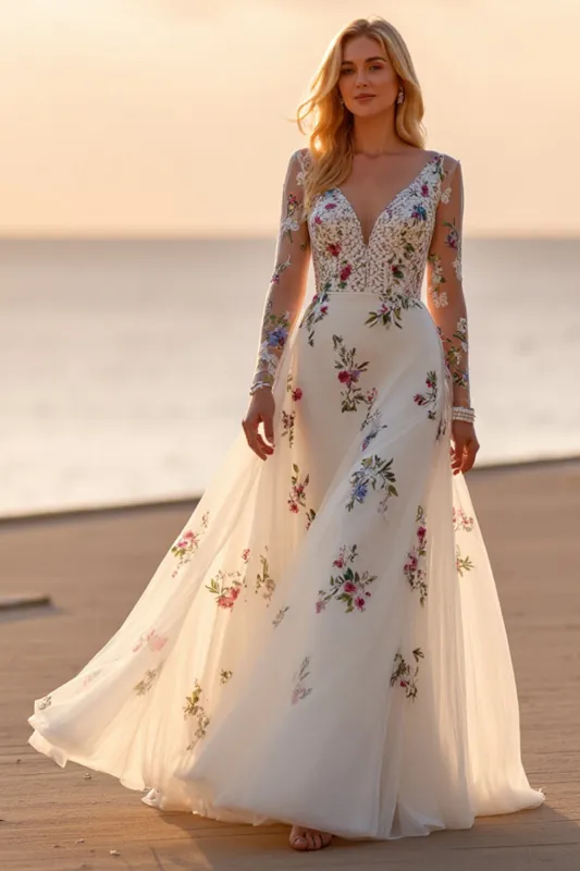 White A Line Floral Appliqued Wedding Dress with Long Sleeves sold by Zapaka