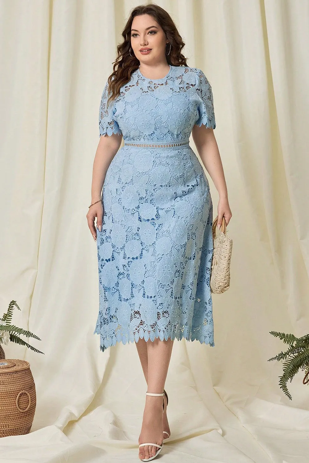 Sky Blue Lace Plus Size Tea-Length Mother of the Bride Dress sold by Zapaka product image thumbnail 4