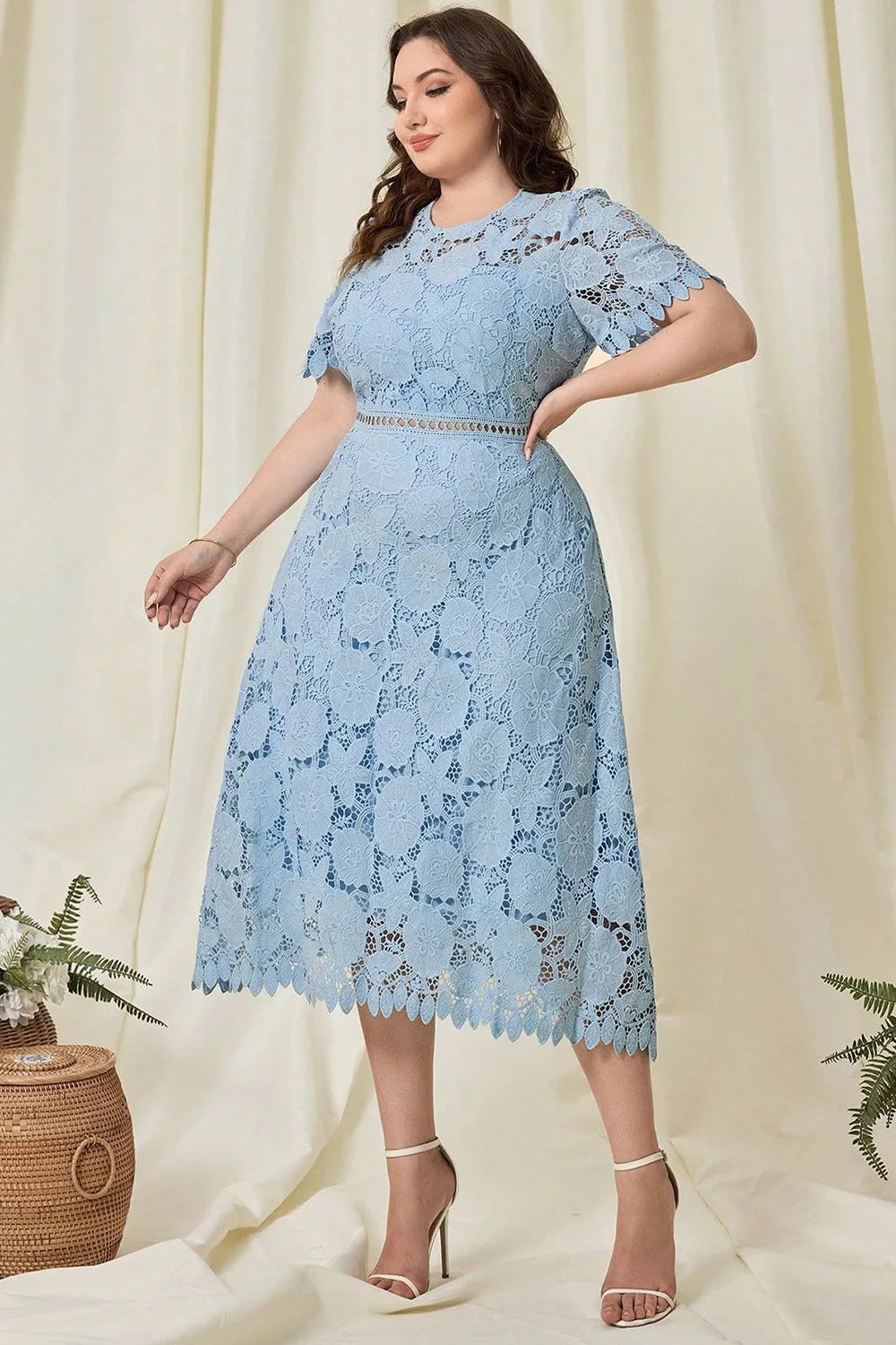 Sky Blue Lace Plus Size Tea-Length Mother of the Bride Dress sold by Zapaka