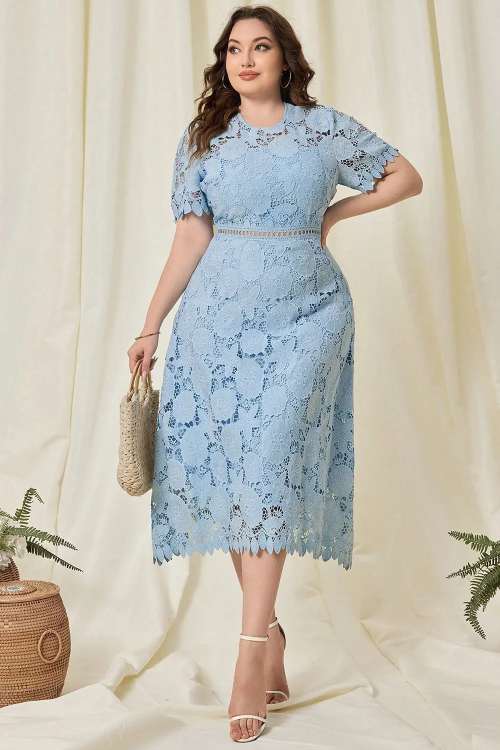 Sky Blue Lace Plus Size Tea-Length Mother of the Bride Dress sold by Zapaka product image thumbnail 5