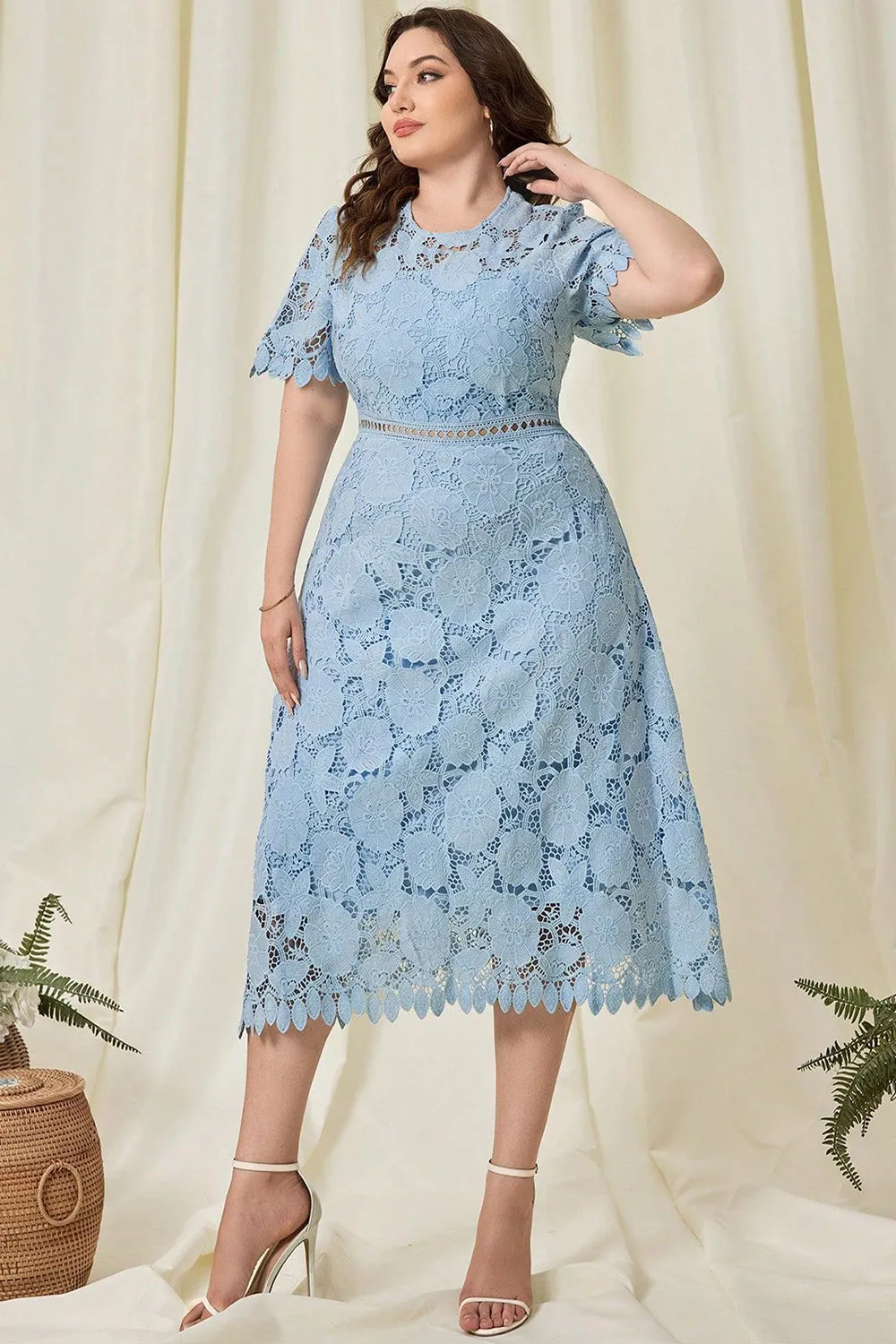 Sky Blue Lace Plus Size Tea-Length Mother of the Bride Dress sold by Zapaka product image thumbnail 3