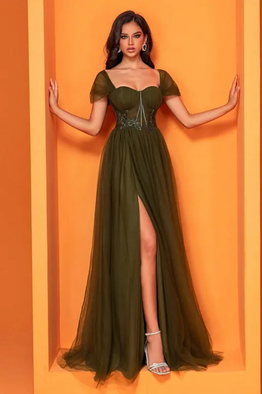 Olive Corset A Line Long Mother of the Bride Dress with Slit sold by Zapaka