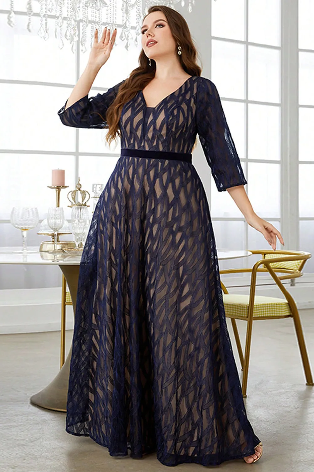 Navy A Line Long Sleeves Mother of the Bride Dress sold by Zapaka product image thumbnail 4