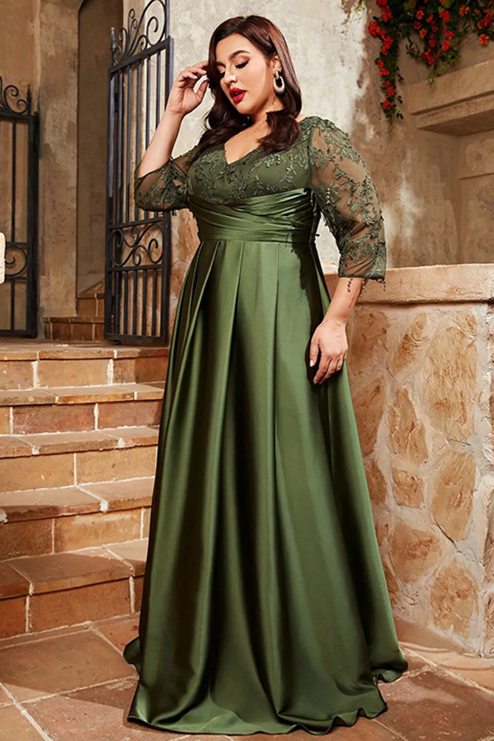 Olive Satin A Line Long Mother of the Bride Dress with Appliques sold by Zapaka product image thumbnail 4