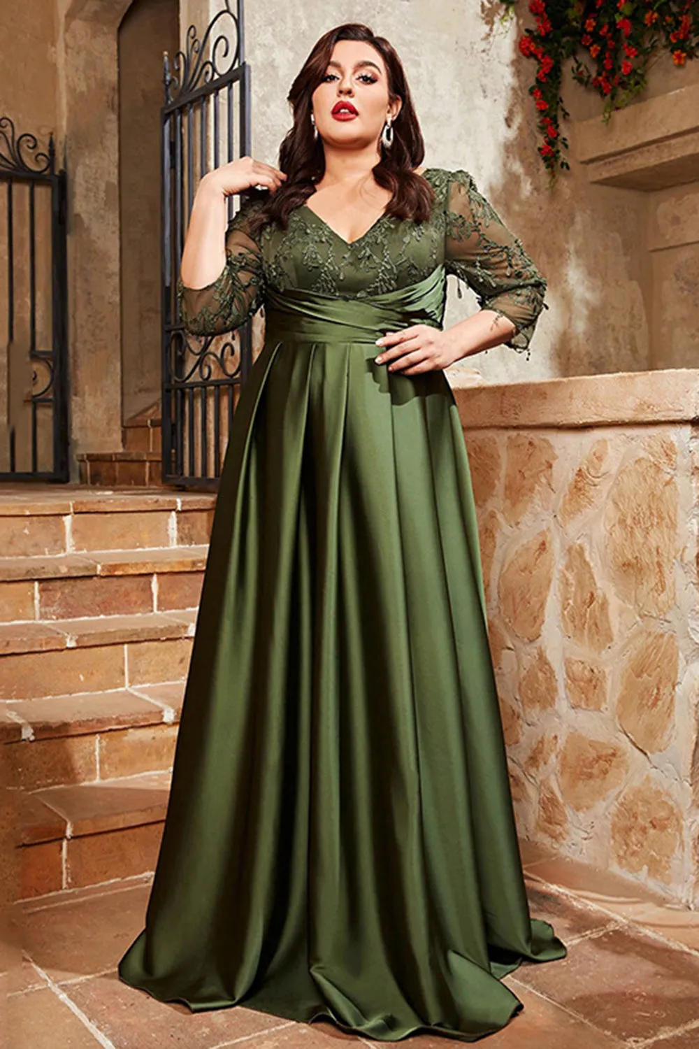 Olive Satin A Line Long Mother of the Bride Dress with Appliques sold by Zapaka