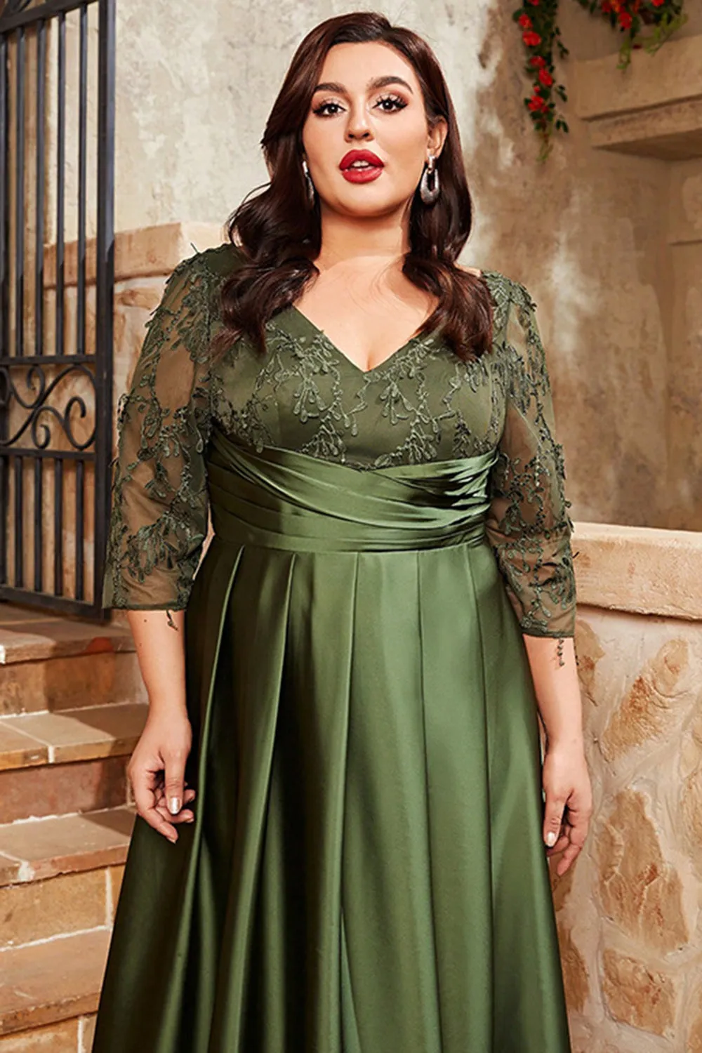 Olive Satin A Line Long Mother of the Bride Dress with Appliques sold by Zapaka product image thumbnail 5