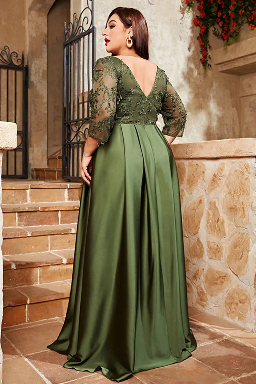Olive Satin A Line Long Mother of the Bride Dress with Appliques sold by Zapaka product image thumbnail 2