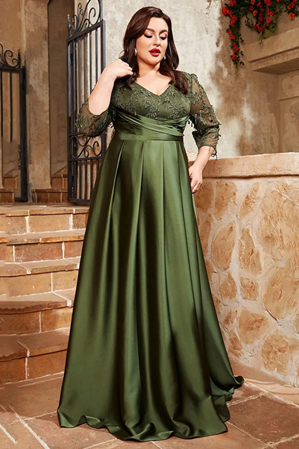 Olive Satin A Line Long Mother of the Bride Dress with Appliques sold by Zapaka product image thumbnail 3