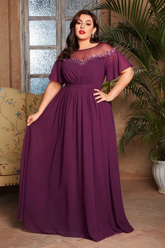 Grape Chiffon Boat Neck Long Mother of the Bride Dress sold by Zapaka