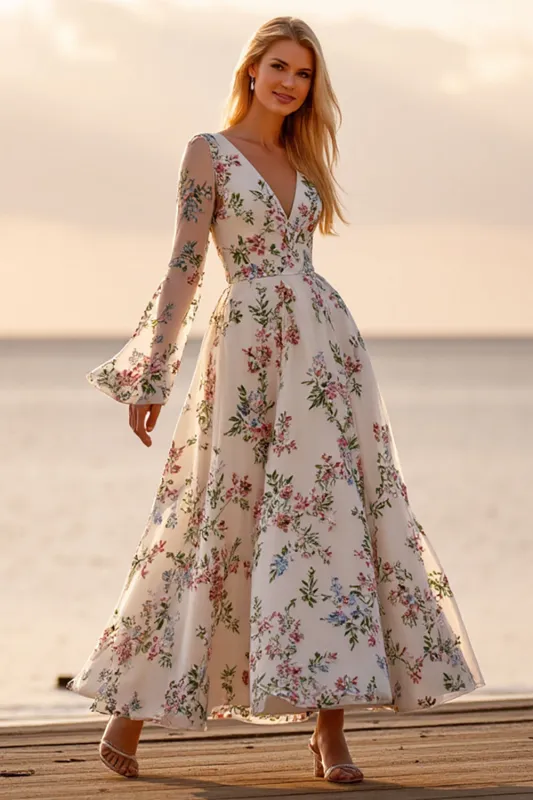 Floral A Line Long Sleeve Appliqued White Wedding Dress sold by Zapaka