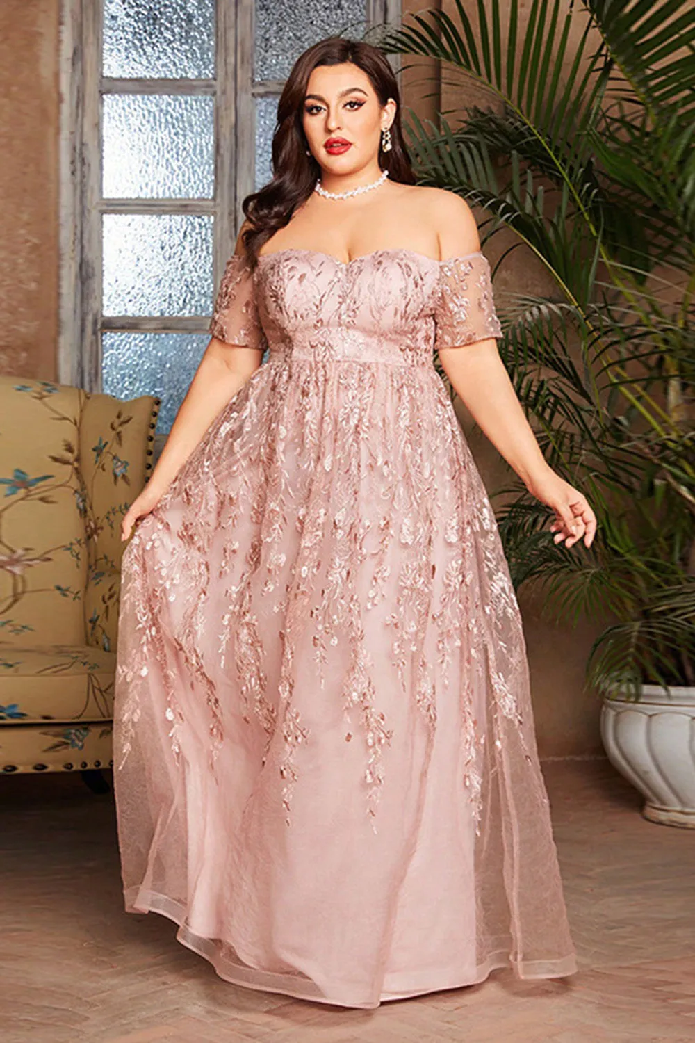Blush Plus Size Long Mother of the Bride Dress with Appliques sold by Zapaka