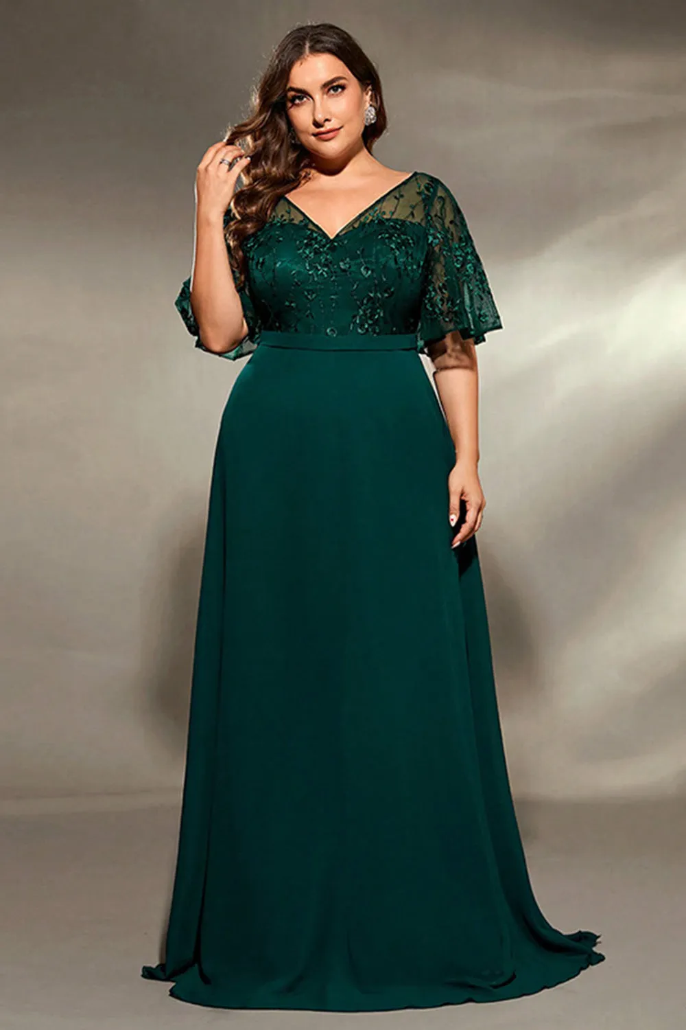 Pine Chiffon V Neck Long Mother of the Bride Dress with Appliques sold by Zapaka product image thumbnail 5