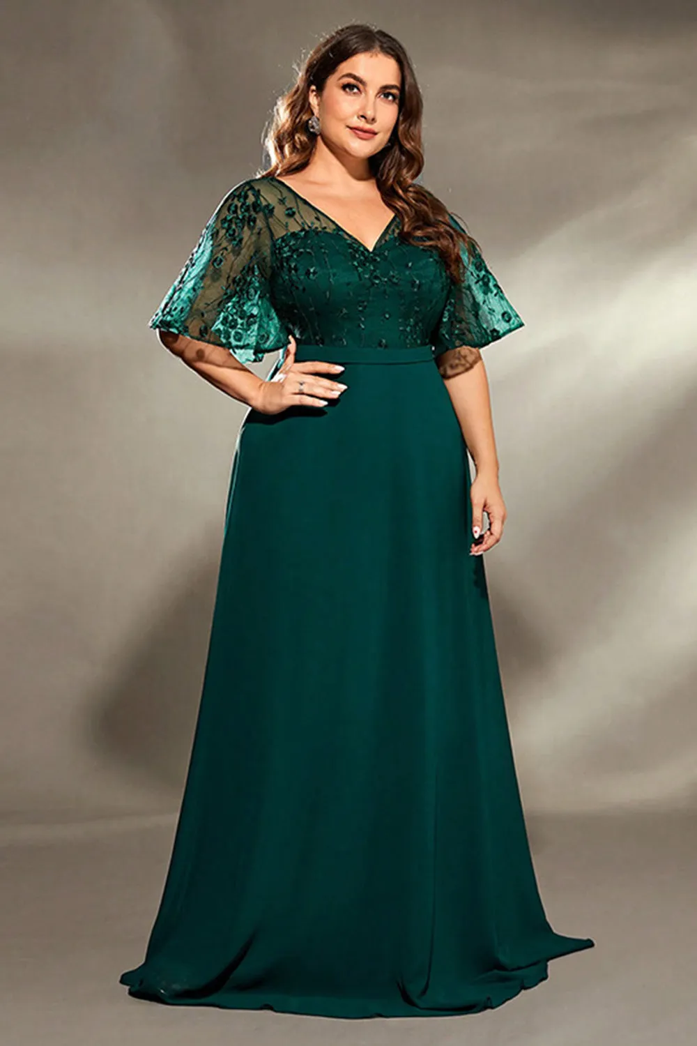 Pine Chiffon V Neck Long Mother of the Bride Dress with Appliques sold by Zapaka product image thumbnail 3