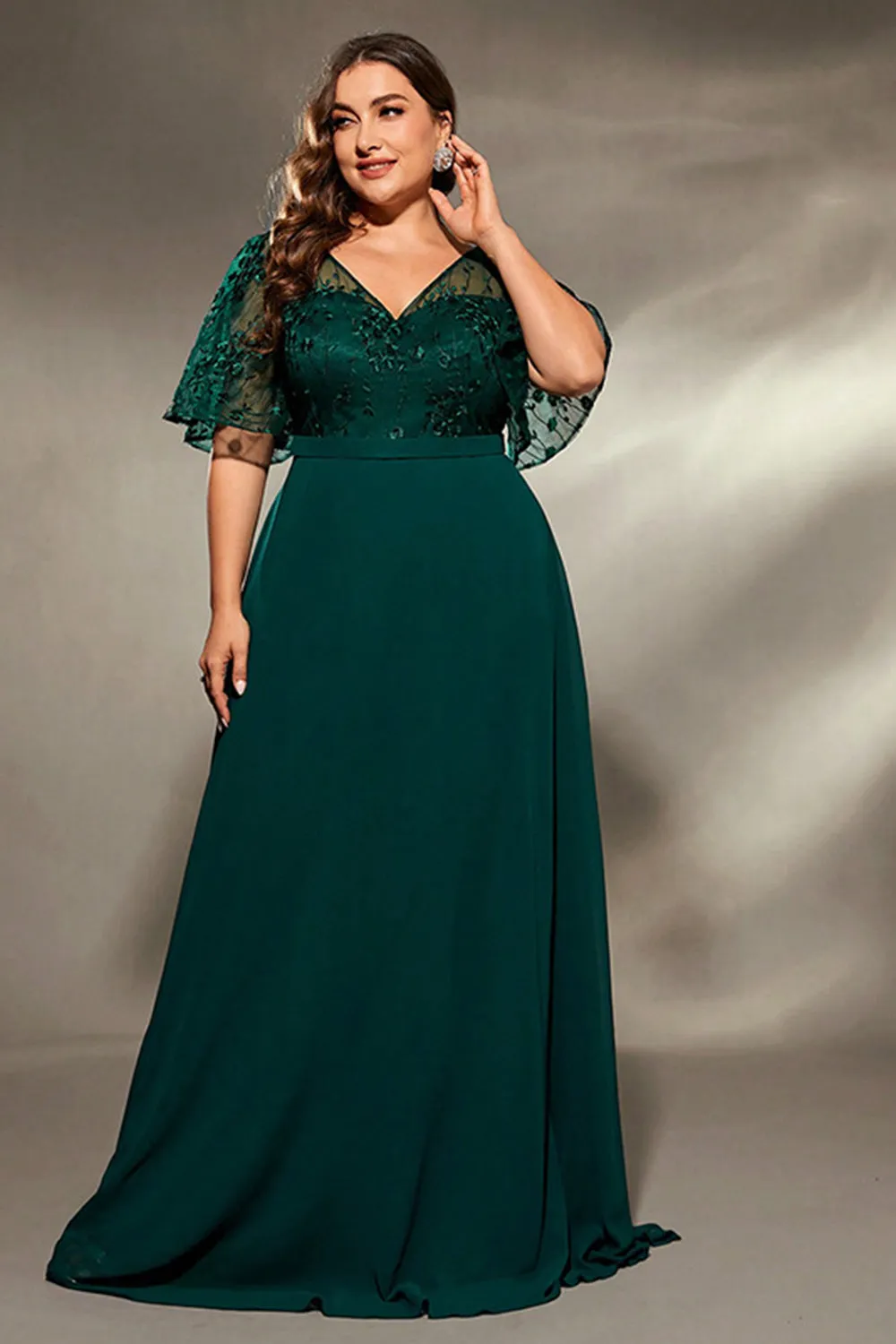 Pine Chiffon V Neck Long Mother of the Bride Dress with Appliques sold by Zapaka product image thumbnail 4