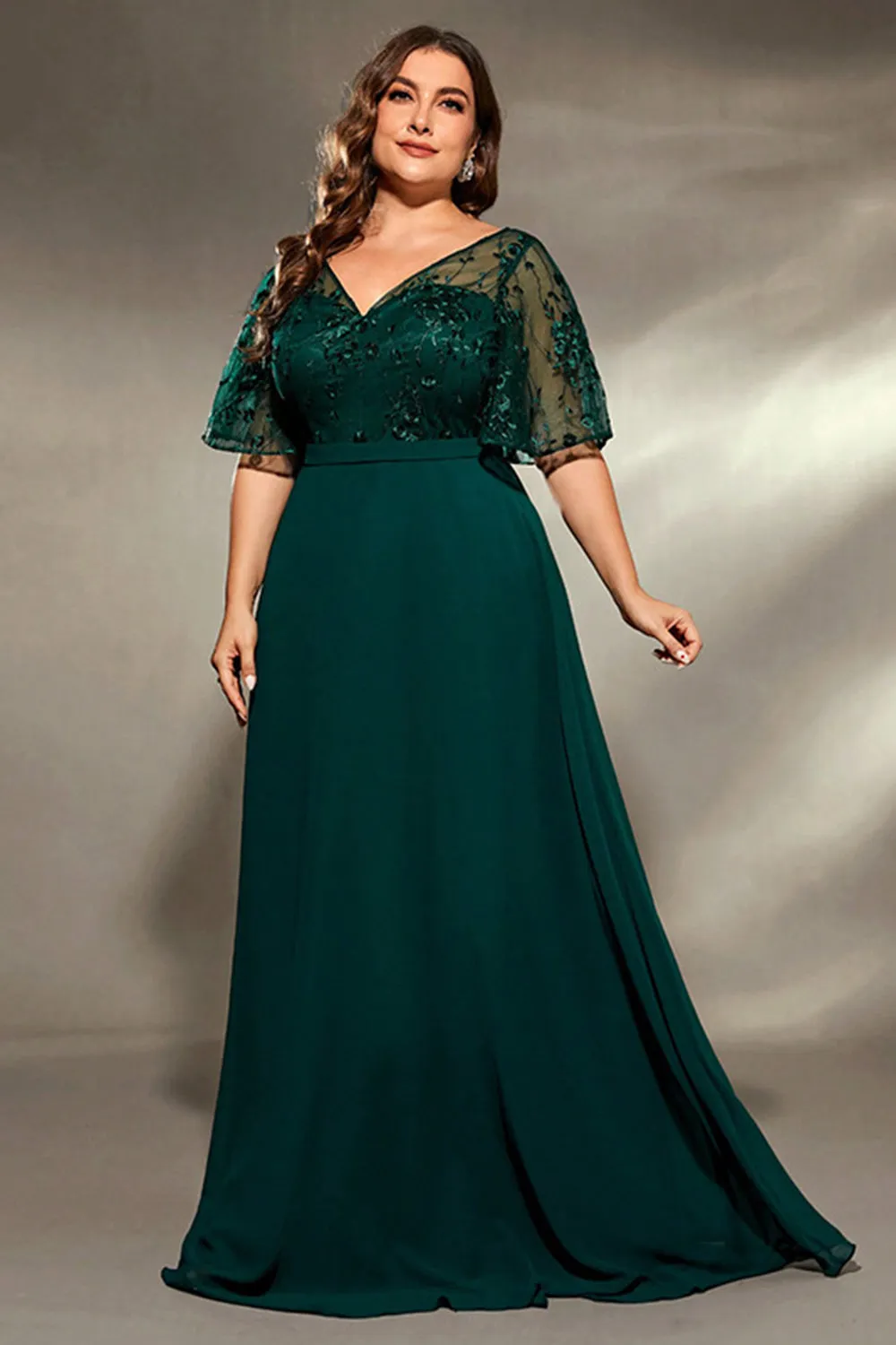Pine Chiffon V Neck Long Mother of the Bride Dress with Appliques sold by Zapaka