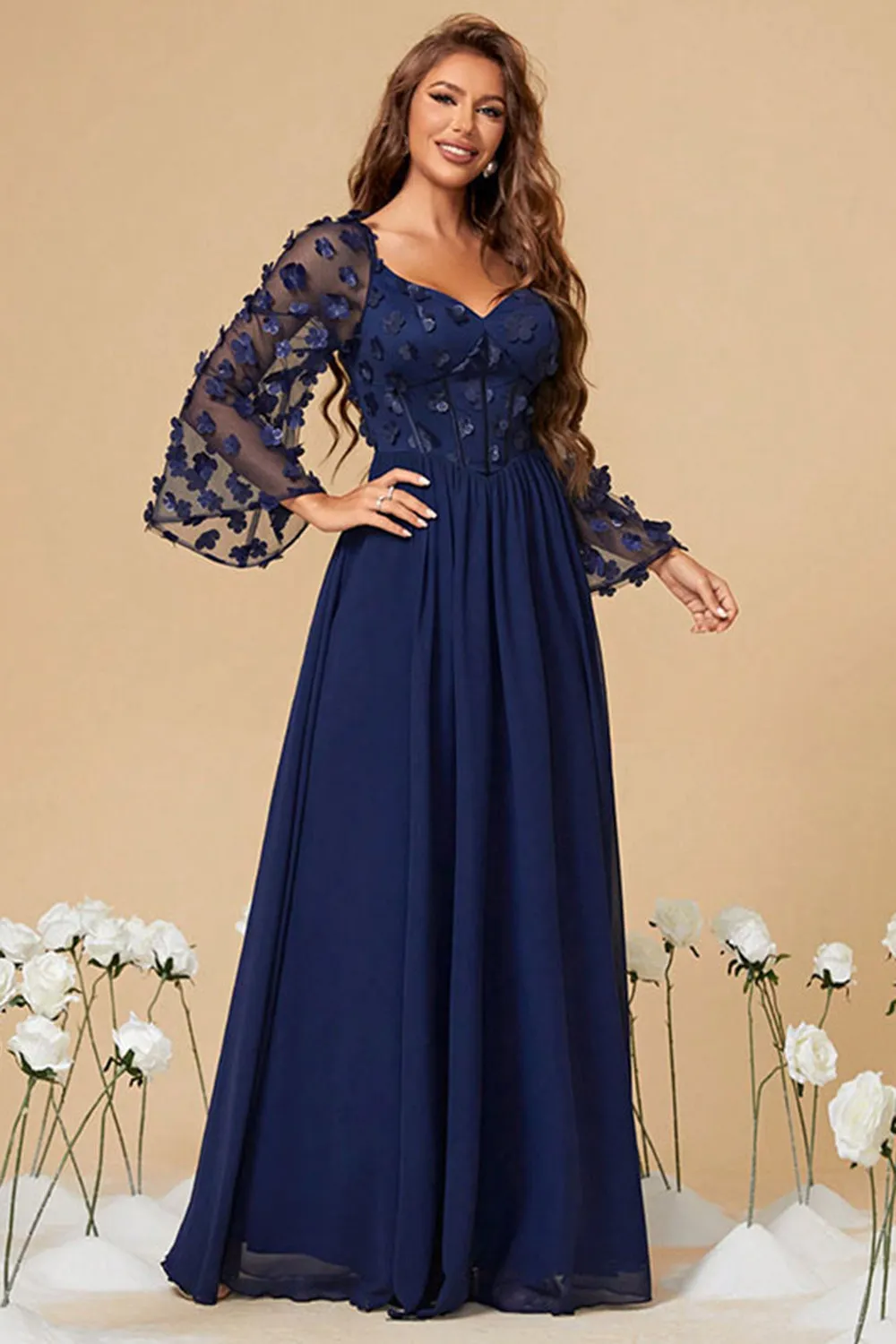 Navy Chiffon Floral Corset Long Mother of the Bride Dress sold by Zapaka product image thumbnail 3