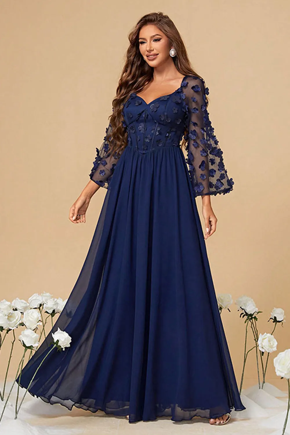 Navy Chiffon Floral Corset Long Mother of the Bride Dress sold by Zapaka product image thumbnail 4
