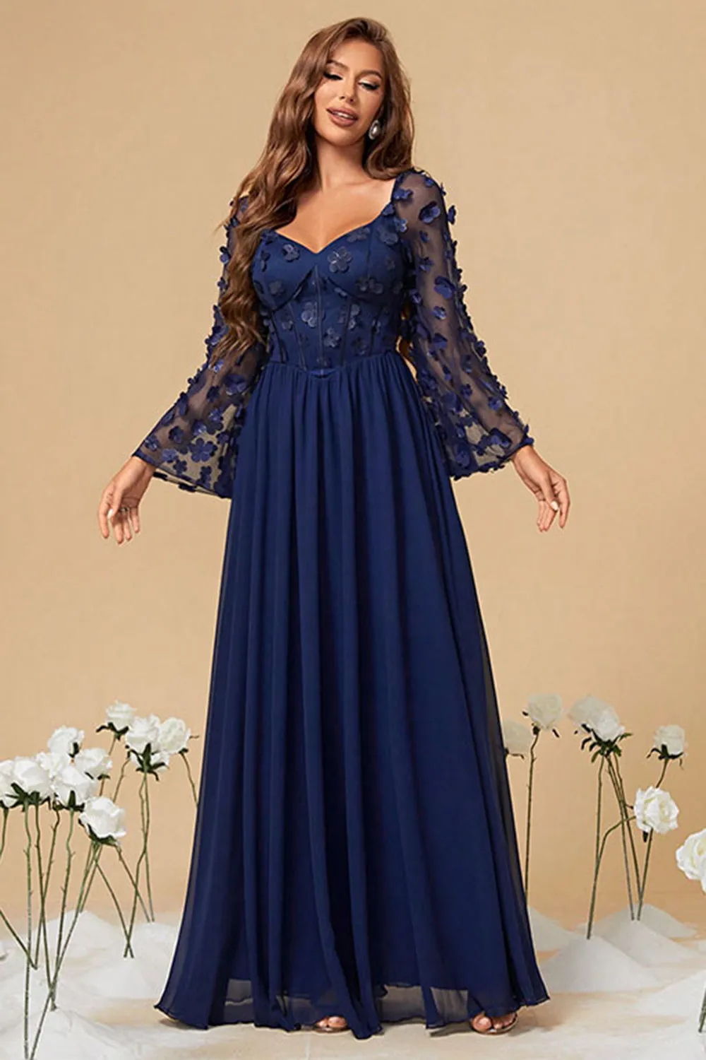 Navy Chiffon Floral Corset Long Mother of the Bride Dress sold by Zapaka