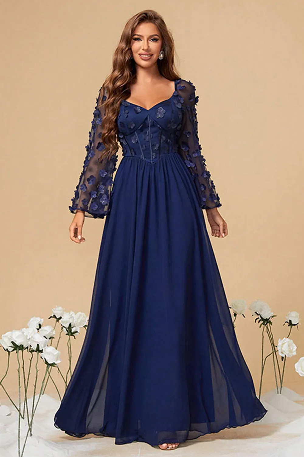 Navy Chiffon Floral Corset Long Mother of the Bride Dress sold by Zapaka product image thumbnail 5