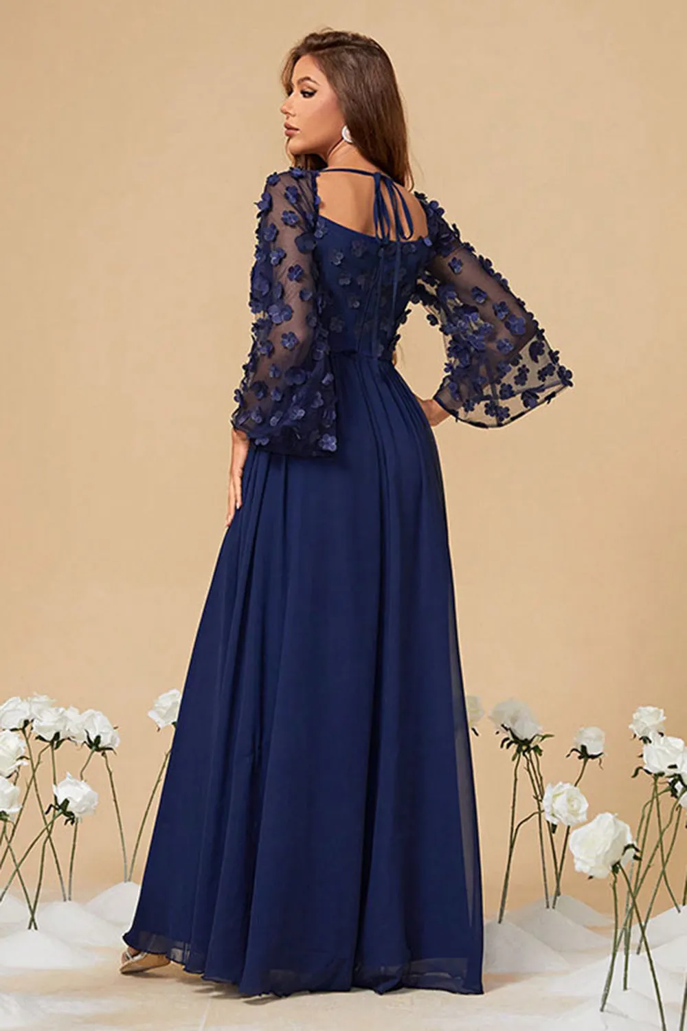 Navy Chiffon Floral Corset Long Mother of the Bride Dress sold by Zapaka product image thumbnail 2