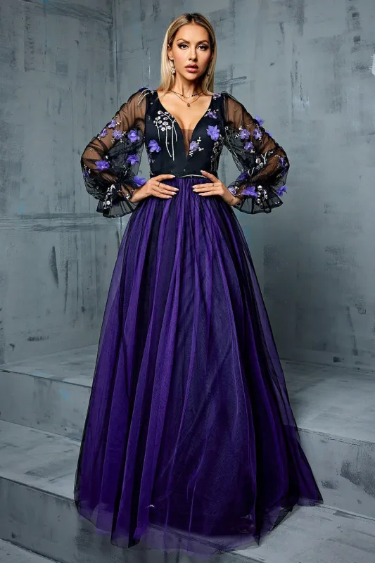 Floral Navy A Line Long Tulle Mother of the Bride Dress sold by Zapaka
