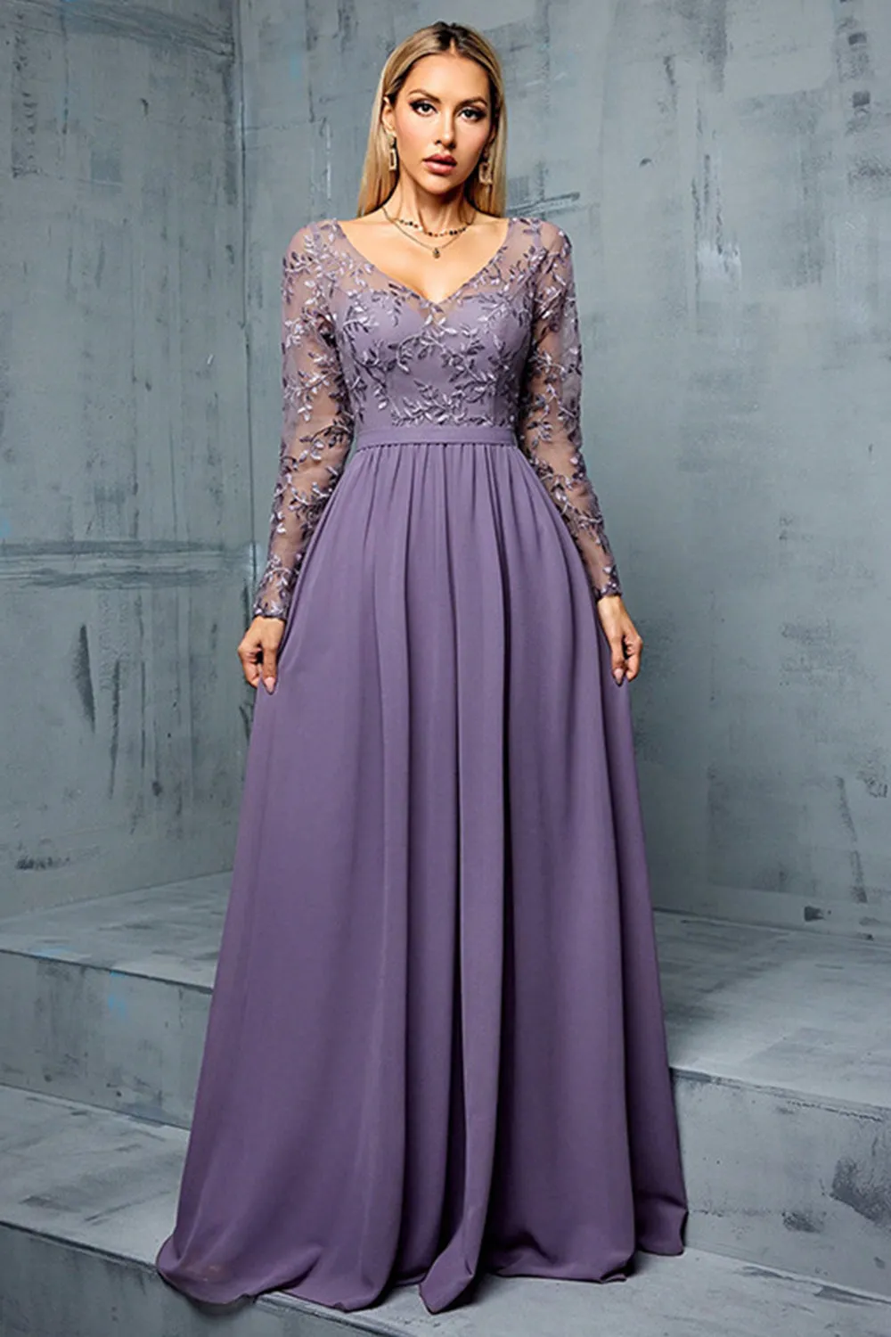 Purple Chiffon A Line Long Mother of the Bride Dress with Appliques sold by Zapaka
