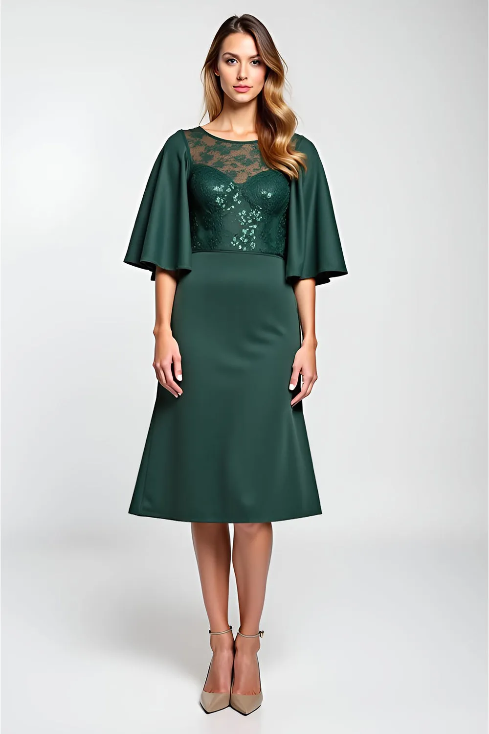 Pine Lace Knee Length Mother of the Bride Dress with Half Sleeves sold by Zapaka