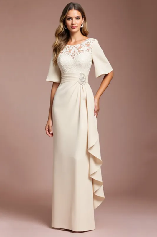 Apricot Lace Ruched Sheath Half Sleeve Mother of the Bride Dress with Sash sold by Zapaka