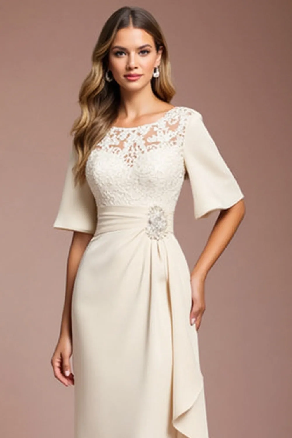 Apricot Lace Ruched Sheath Half Sleeve Mother of the Bride Dress with Sash sold by Zapaka product image thumbnail 2