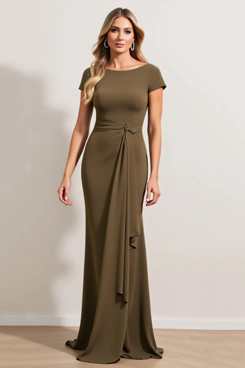 Olive Ruched Sheath Mother of the Bride Dress with Short Sleeves sold by Zapaka