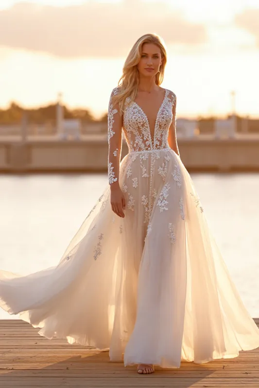 Appliqued White Tulle Wedding Dress with Long Sleeves sold by Zapaka