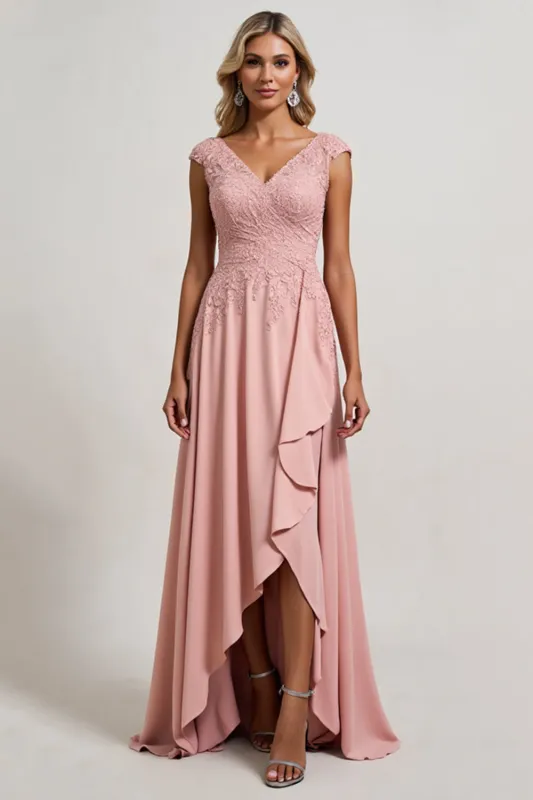Blush High Low Cap Sleeve Mother of the Bride Dress with Appliques sold by Zapaka