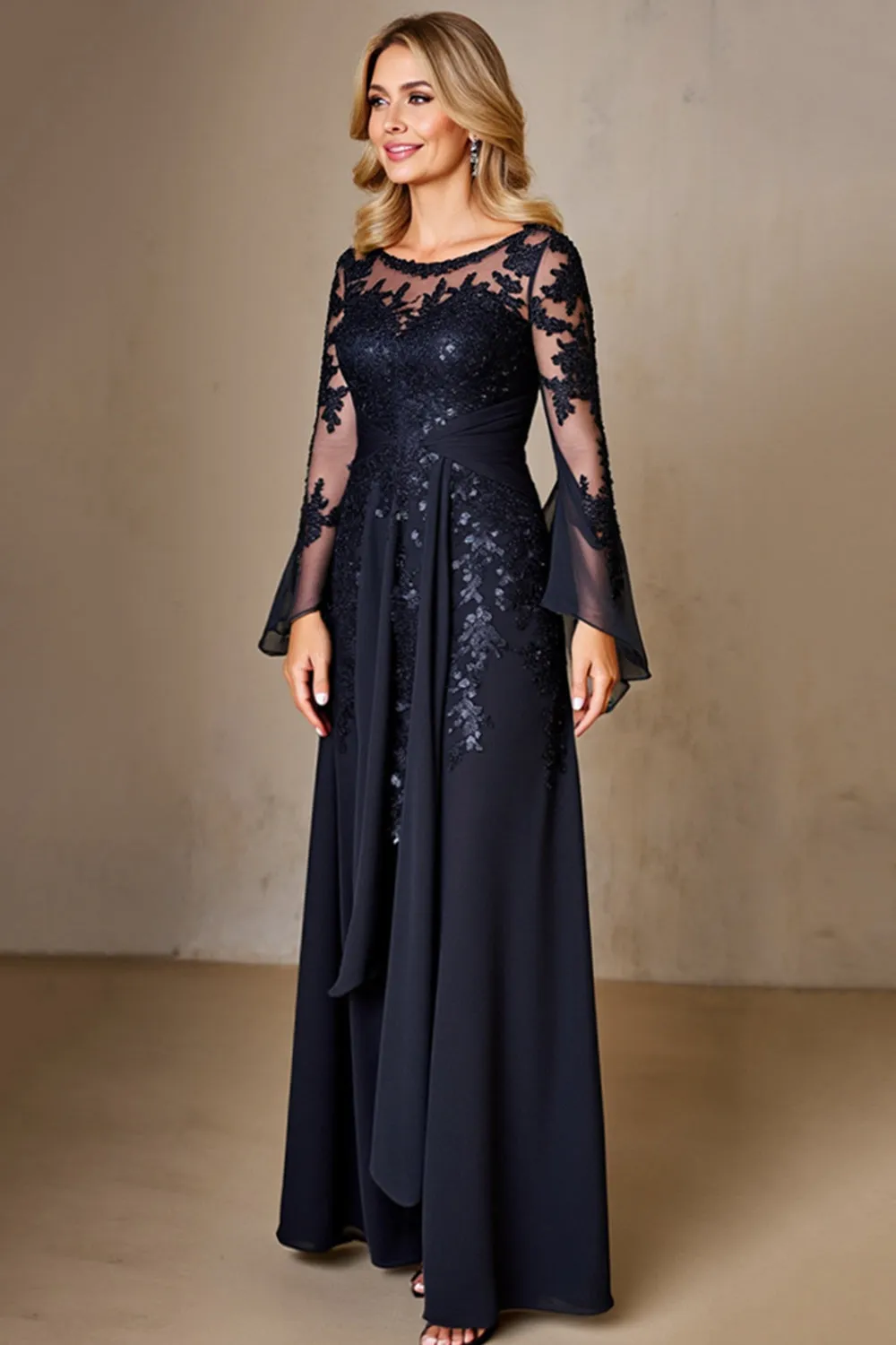 Chiffon A Line Long Sleeve Navy Mother of the Bride Dress with Lace Appliques sold by Zapaka product image thumbnail 3