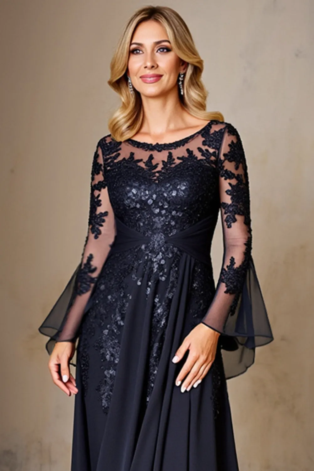 Chiffon A Line Long Sleeve Navy Mother of the Bride Dress with Lace Appliques sold by Zapaka product image thumbnail 4