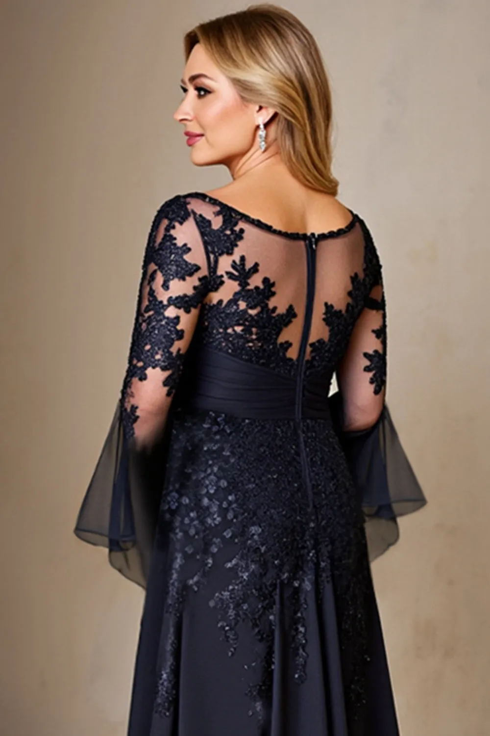 Chiffon A Line Long Sleeve Navy Mother of the Bride Dress with Lace Appliques sold by Zapaka product image thumbnail 5