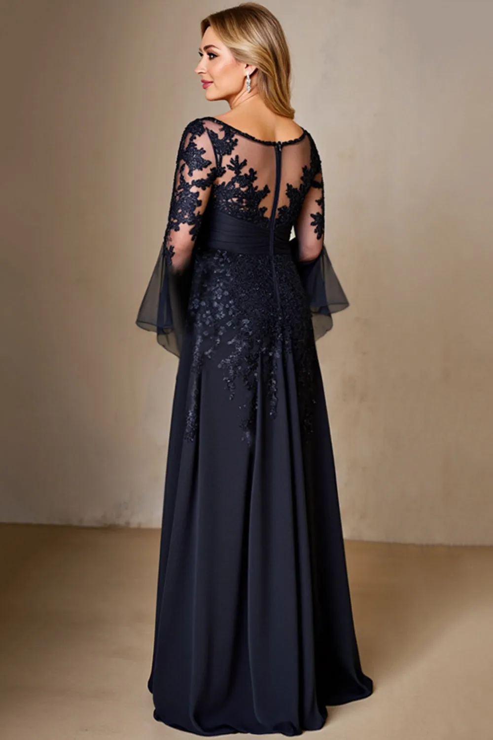 Chiffon A Line Long Sleeve Navy Mother of the Bride Dress with Lace Appliques sold by Zapaka product image thumbnail 2