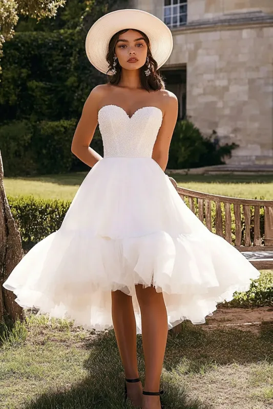 Strapless A Line White Knee Length Wedding Dress With Beading sold by Zapaka