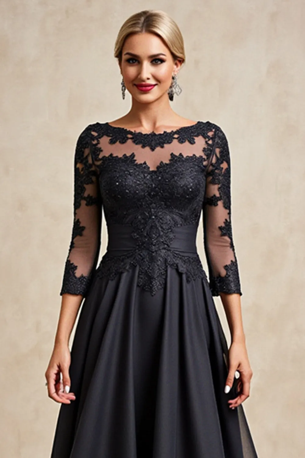 Black A Line 3/4 Sleeve Tea Length Mother of the Bride Dress with Appliques sold by Zapaka product image thumbnail 4