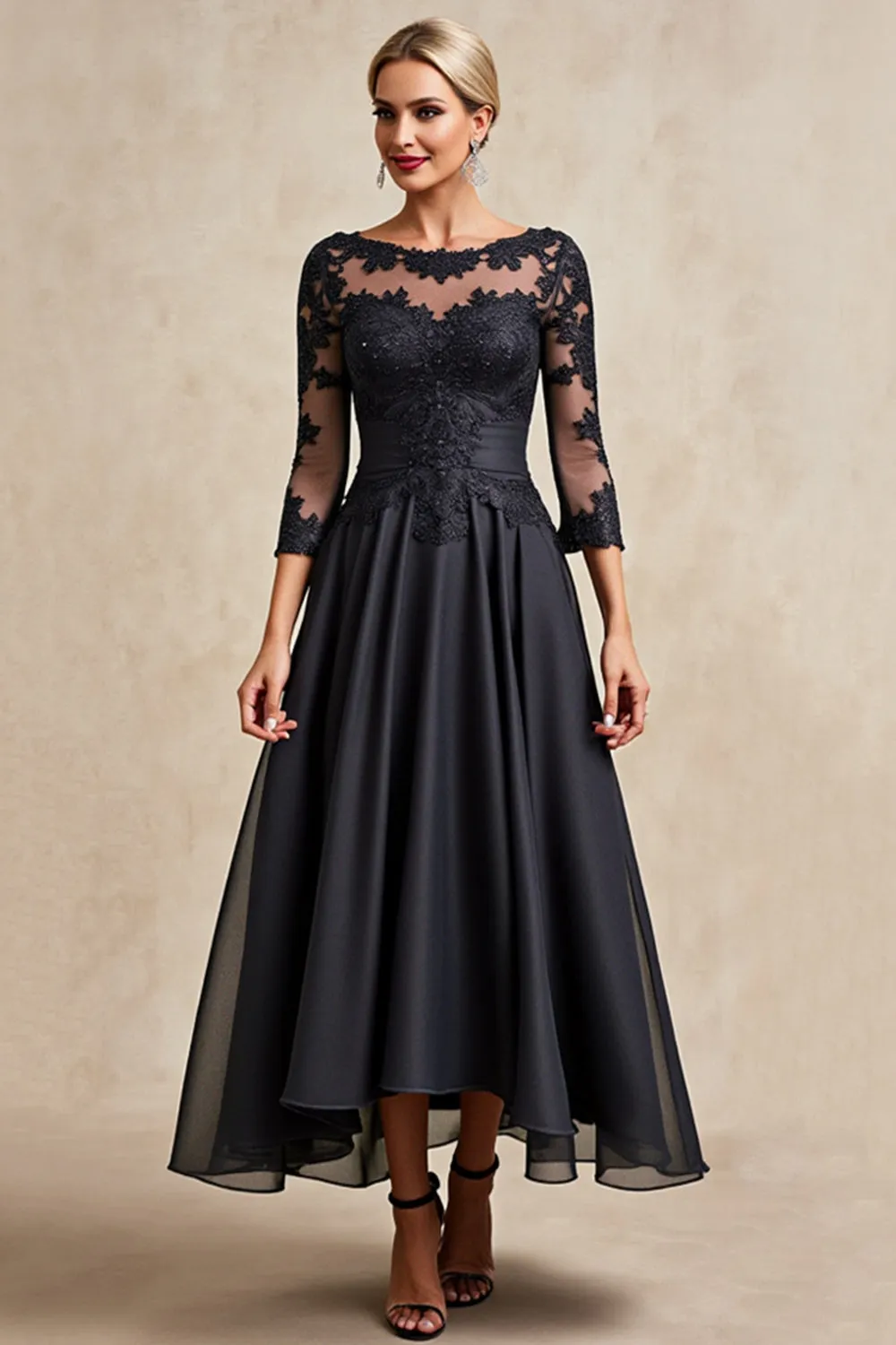 Black A Line 3/4 Sleeve Tea Length Mother of the Bride Dress with Appliques sold by Zapaka