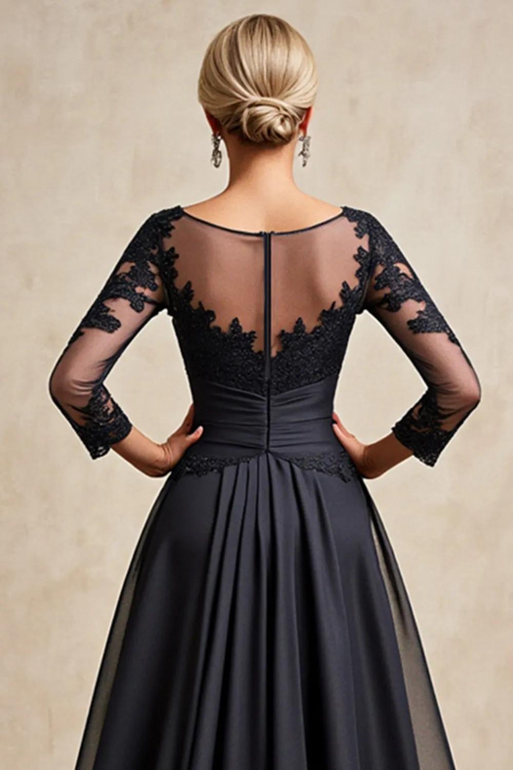 Black A Line 3/4 Sleeve Tea Length Mother of the Bride Dress with Appliques sold by Zapaka product image thumbnail 5