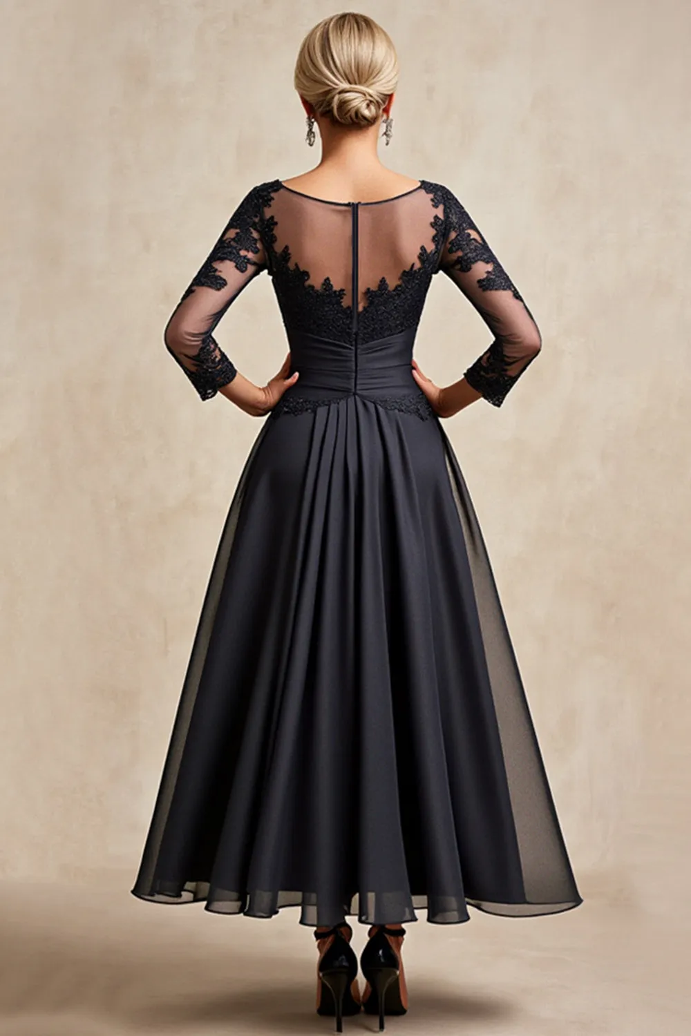 Black A Line 3/4 Sleeve Tea Length Mother of the Bride Dress with Appliques sold by Zapaka product image thumbnail 2