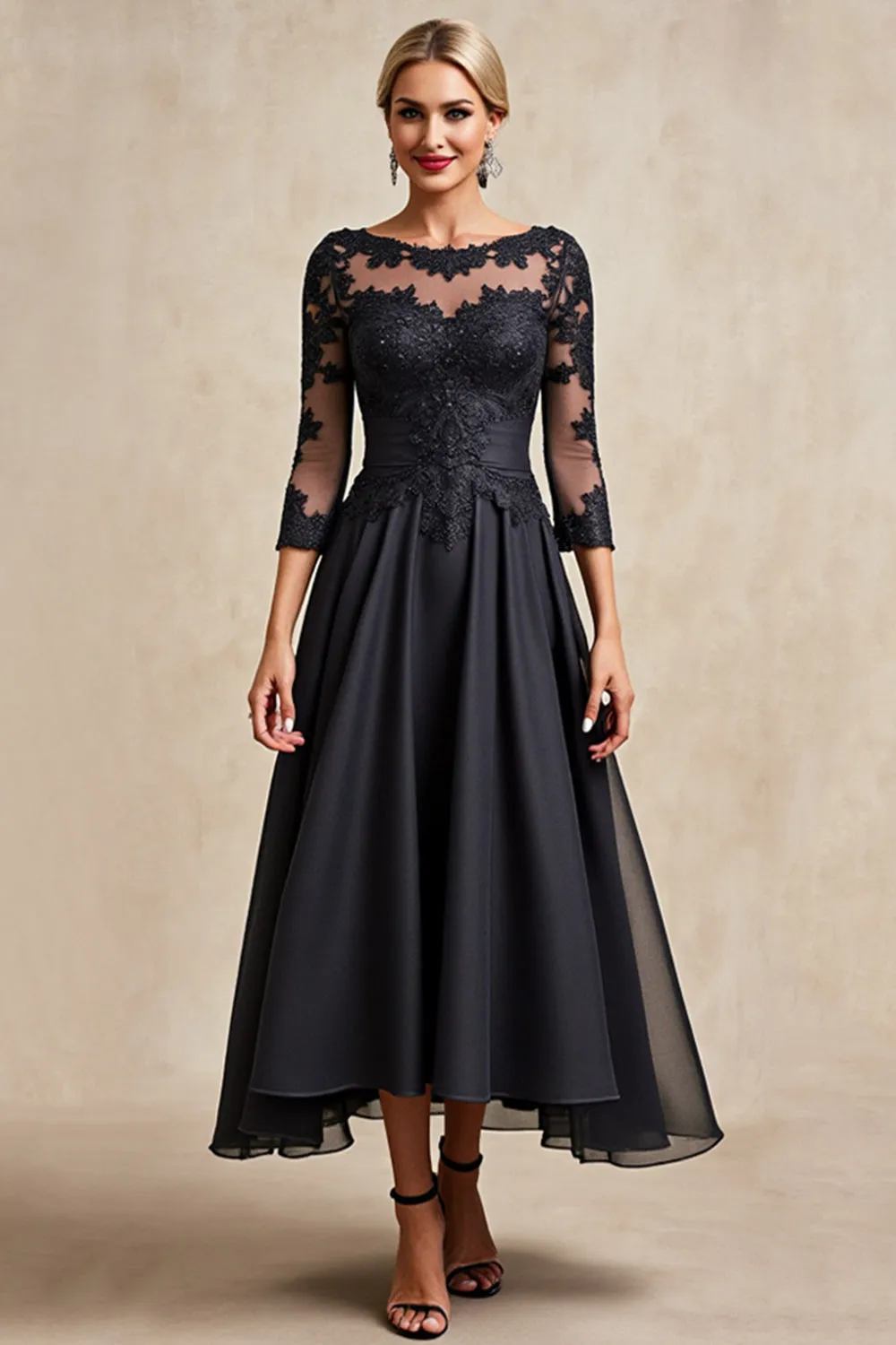 Black A Line 3/4 Sleeve Tea Length Mother of the Bride Dress with Appliques sold by Zapaka product image thumbnail 3