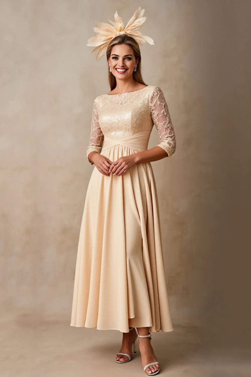 Chiffon A Line Applique Champagne Mother of the Bride Dress with 3/4 Sleeves sold by Zapaka product image thumbnail 3