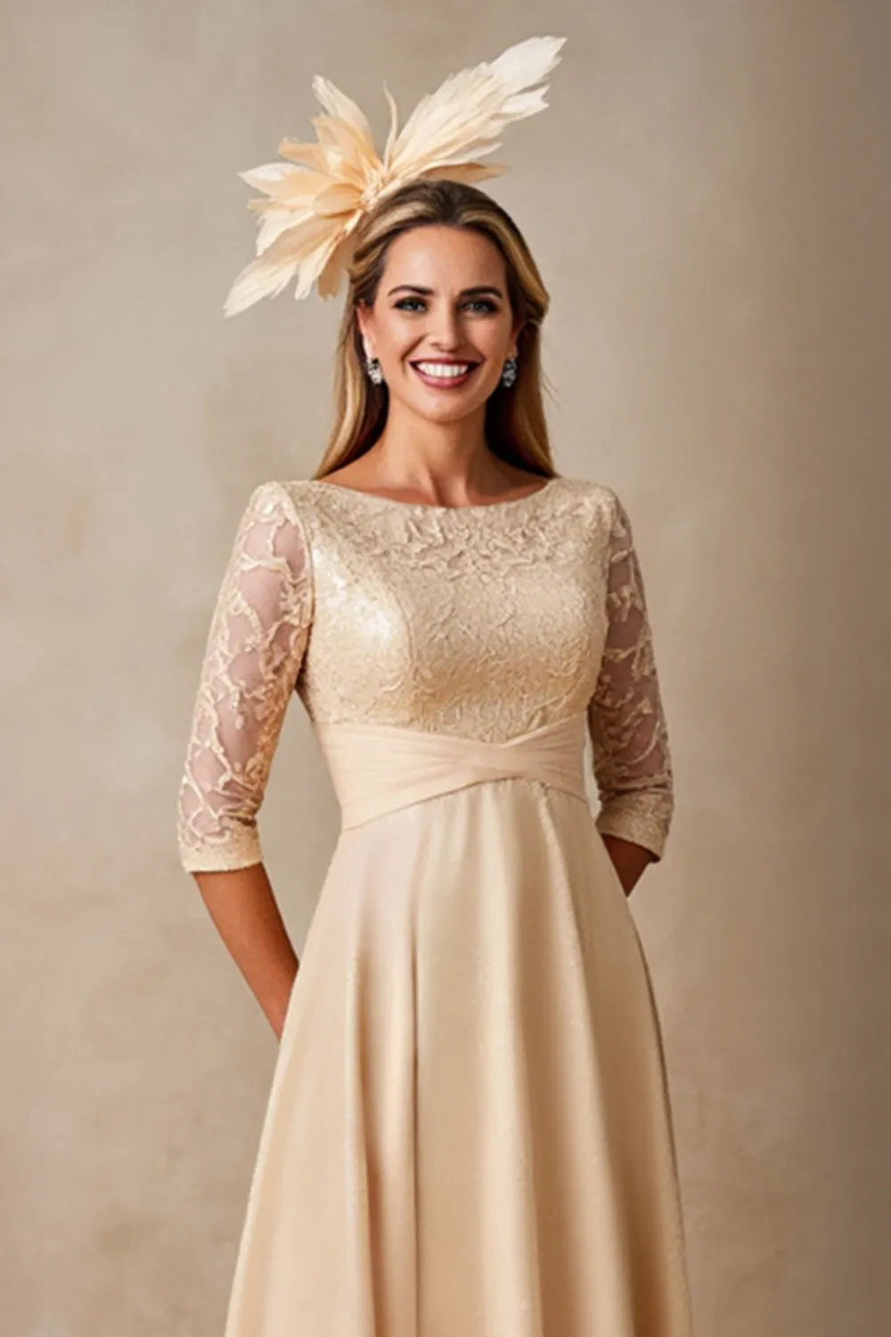 Chiffon A Line Applique Champagne Mother of the Bride Dress with 3/4 Sleeves sold by Zapaka product image thumbnail 4